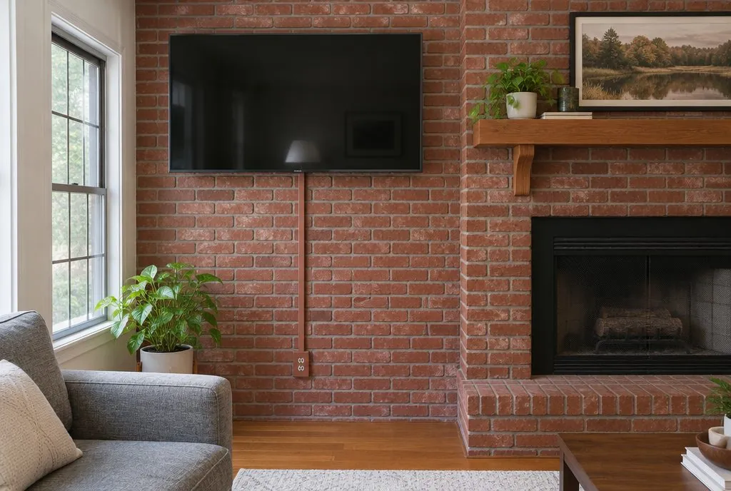 Paintable cable raceway running from a TV down a brick wall, color-matched to the brick