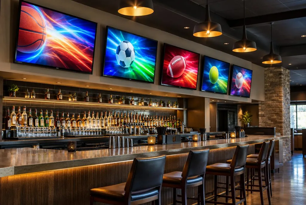 Row of TVs mounted high on the wall of a Santa Clarita sports bar