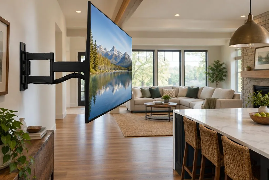 Full-motion articulating TV mount extended from a corner wall in a Santa Clarita family room