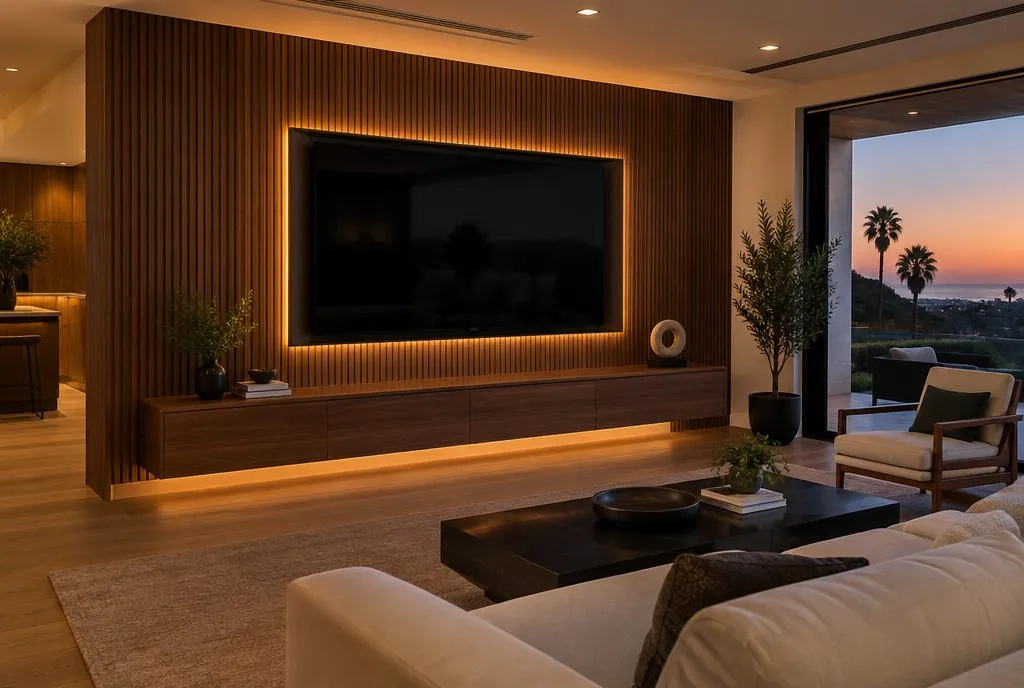 Finished media wall with recessed TV, floating console and LED backlight in a Santa Clarita great room