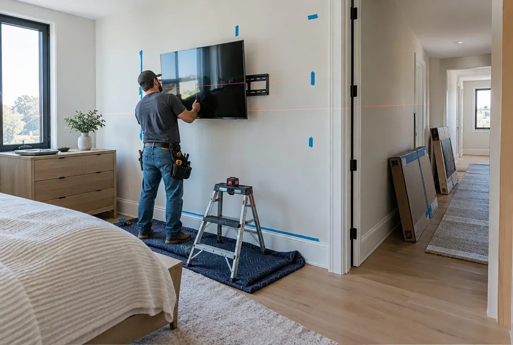 Installer mounting the third of several TVs during a whole-home installation in a new Valencia house