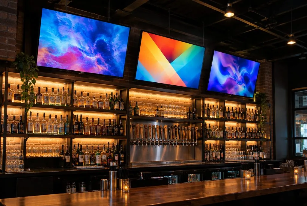Multiple TVs mounted above a bar with downward tilt in a Santa Clarita restaurant