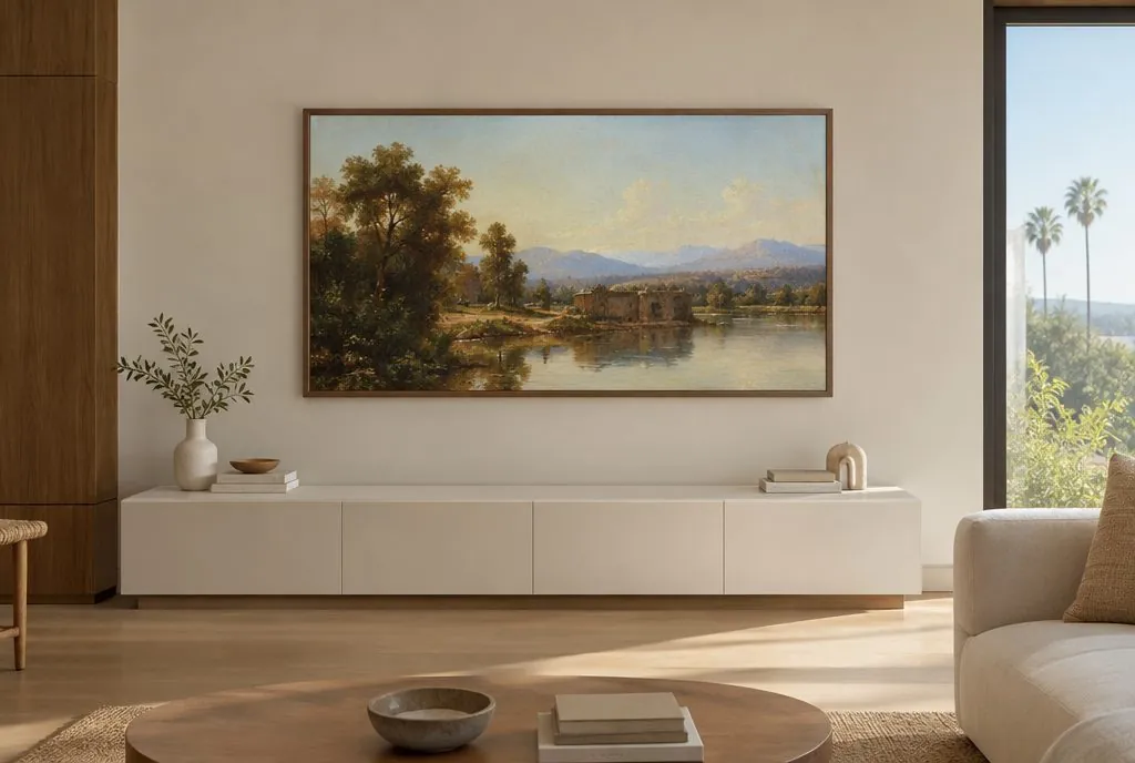 Samsung The Frame TV mounted flush to the wall in Art Mode with a wooden bezel