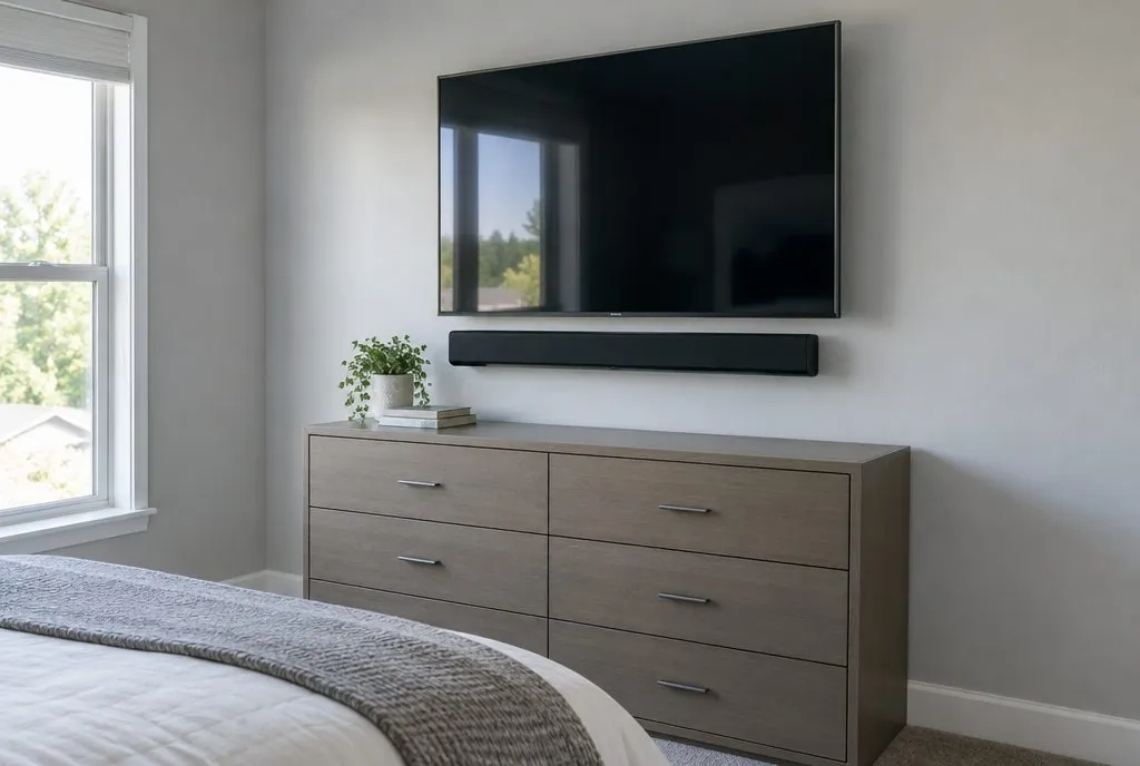 Soundbar mounted directly beneath a wall-mounted TV with no visible cables in a Santa Clarita bedroom
