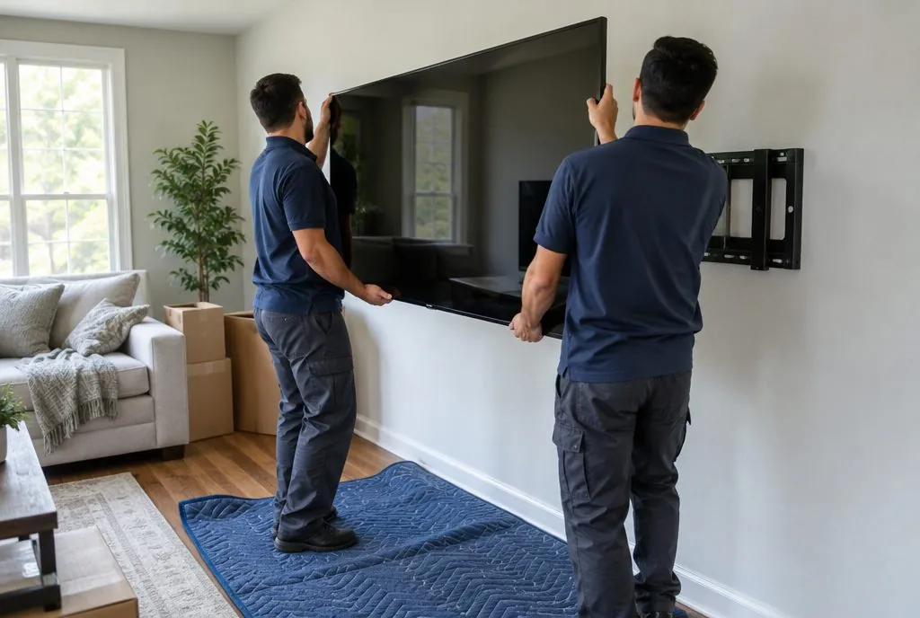 Technician lifting a TV off its wall bracket during a relocation in Santa Clarita