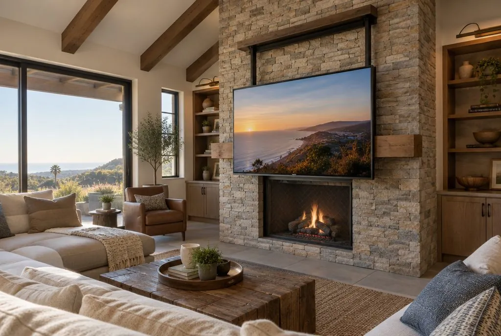 TV mounted above a stone fireplace on a pull-down mantel mount in a Santa Clarita home