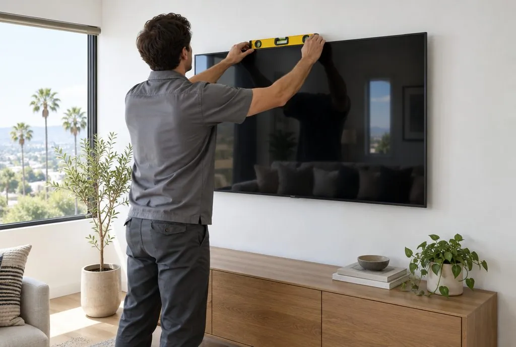 Installer leveling a 65-inch TV on a fixed wall mount in a Santa Clarita living room